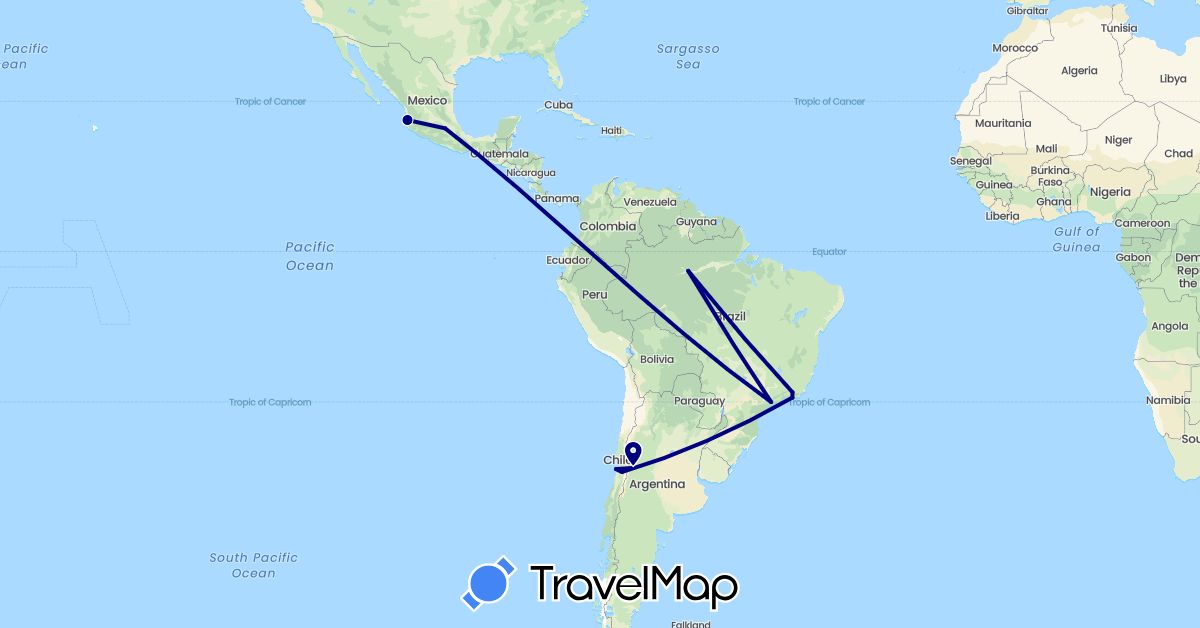 TravelMap itinerary: driving in Argentina, Brazil, Chile, Mexico (North America, South America)